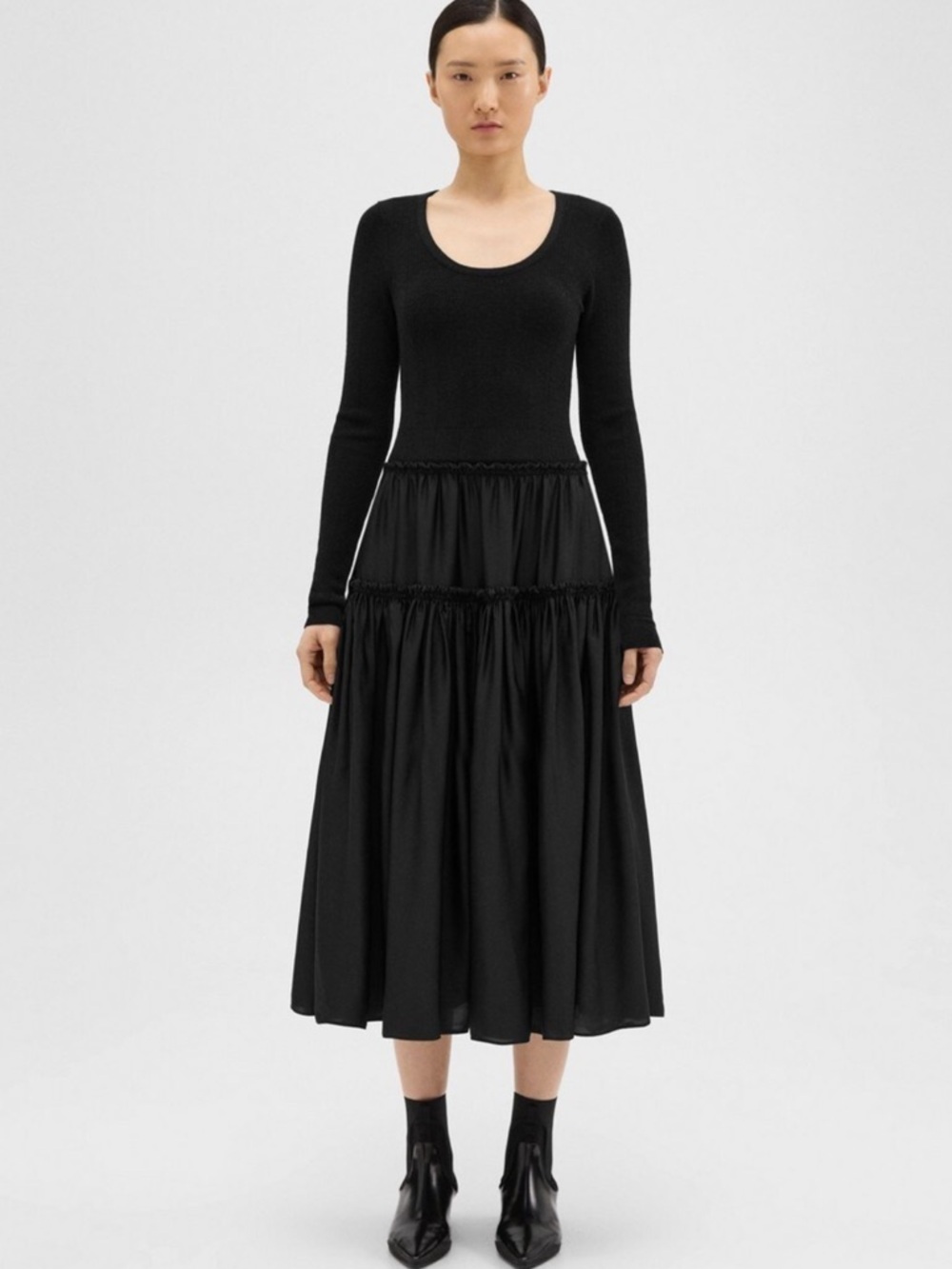 Theory Ribbed Knit Panel Satin Midi Dress Black Wool Blend Size S
